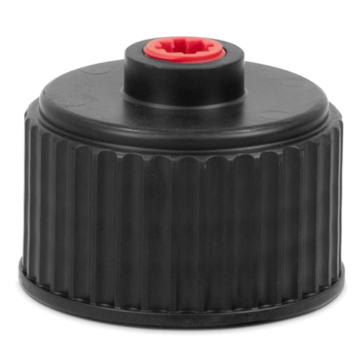 Black plastic cap with a red center on a white background