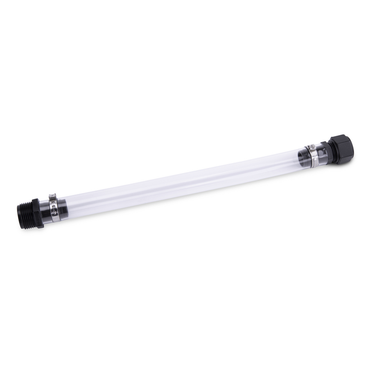 Clear cylindrical tube with black ends on a white background