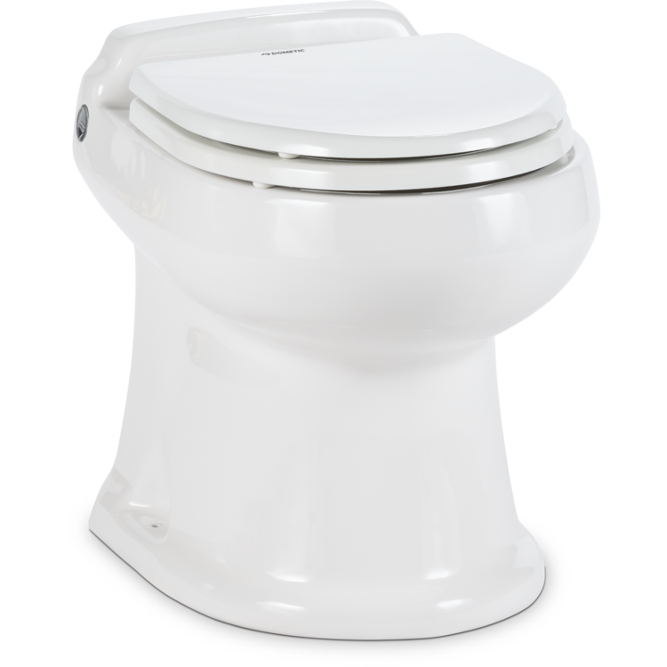 A closed, white macerator Dometic toilet on a white background