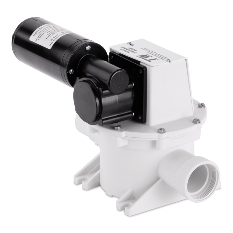 Toilet holding tank pump with black and white components on a white background