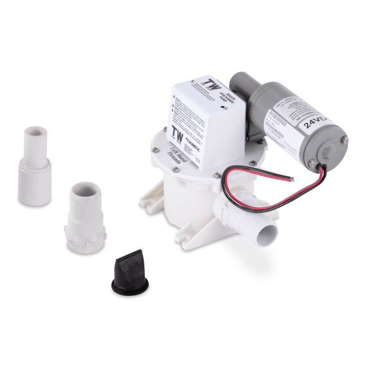 A white Dometic discharge pump with accessories on a white background
