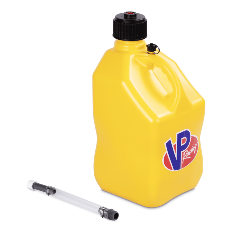 Yellow plastic container with VP Racing logo and a black cap on a white background