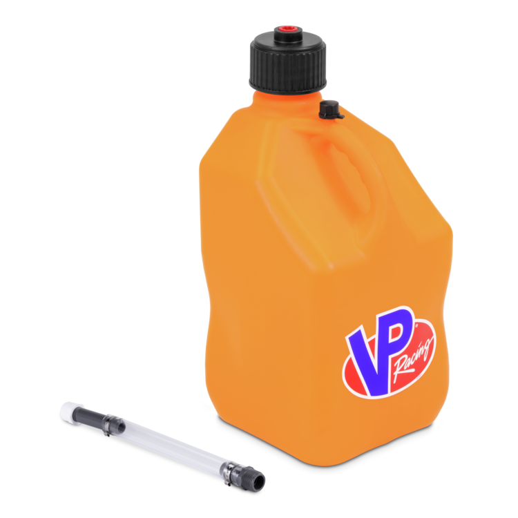 Orange container with VP Racing logo and a hose on a white background