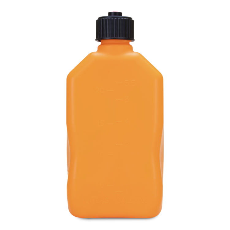 Orange bottle with a black cap on a white background
