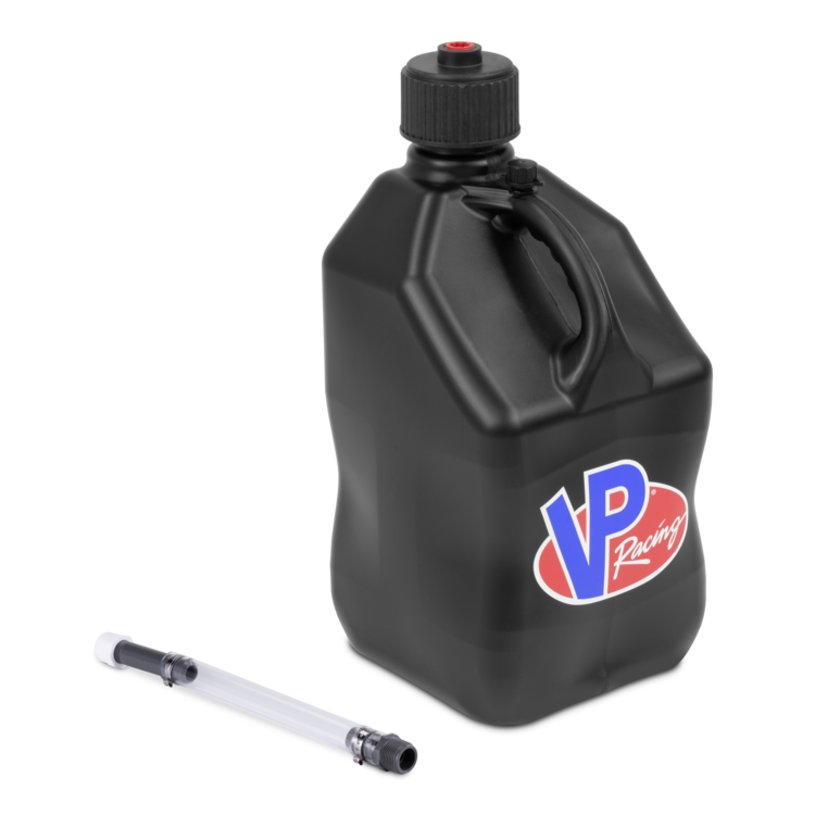 Black jug with VP Racing logo and a clear hose on a white background