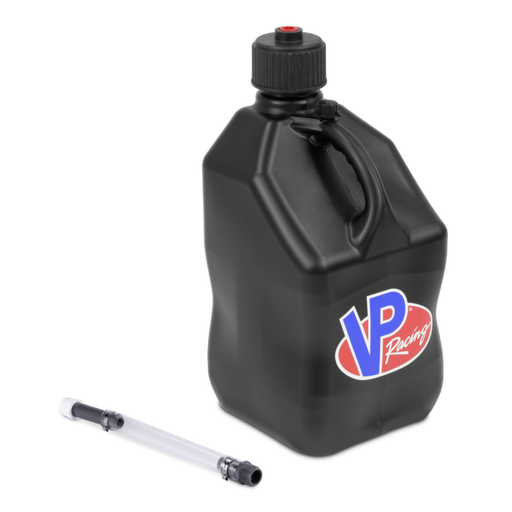 Black jug with VP Racing logo and a clear hose on a white background