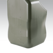 Dark green plastic container with measurement markings on a white background