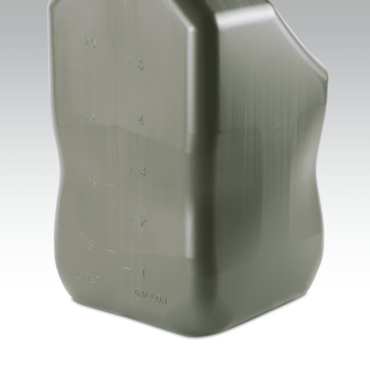 Dark green plastic container with measurement markings on a white background