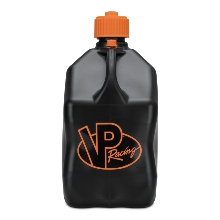 Black jug with orange cap and VP Racing logo on a white background