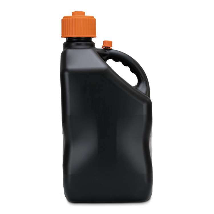 Black bottle with orange cap on a white background