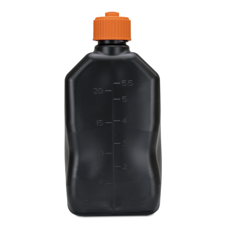 Black plastic bottle with an orange cap on a white background