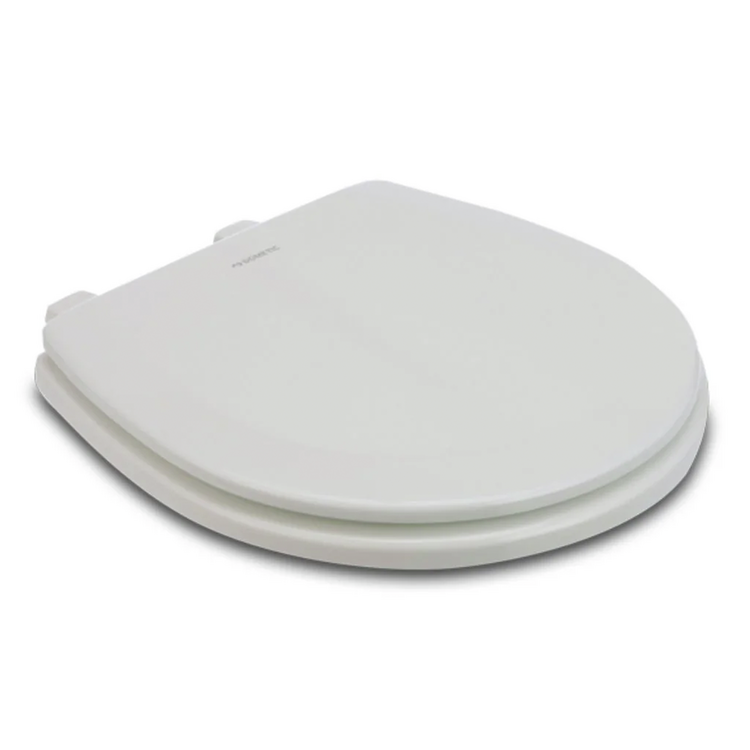 White Dometic toilet seat on a white background