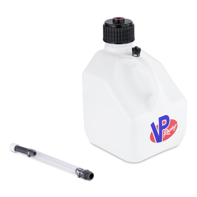 White plastic container with VP Racing logo and a clear hose on a white background