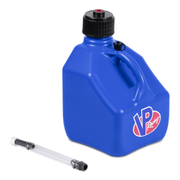 Blue VP Racing jug with black cap and clear filler tube on a white background