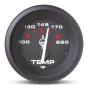 Sierra water temperature gauge with a black face and red indicators on a white background