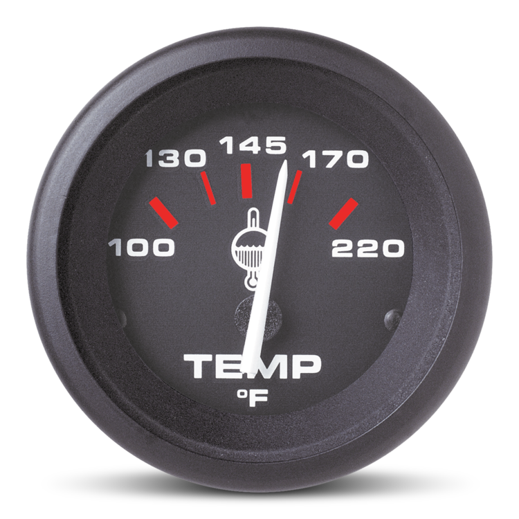 Sierra water temperature gauge with a black face and red indicators on a white background