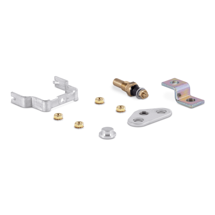 Sierra water temperature gauge mounting hardware including brackets and bolts on a white background