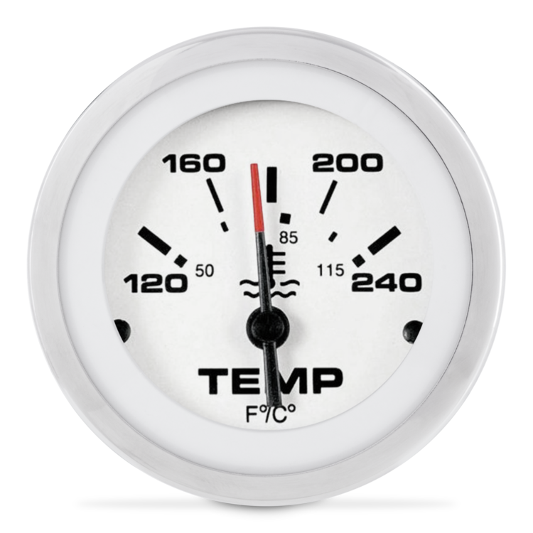 Sierra temperature gauge with white face and black markings on a white background