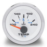 Temperature gauge with white face and silver rim on a white background
