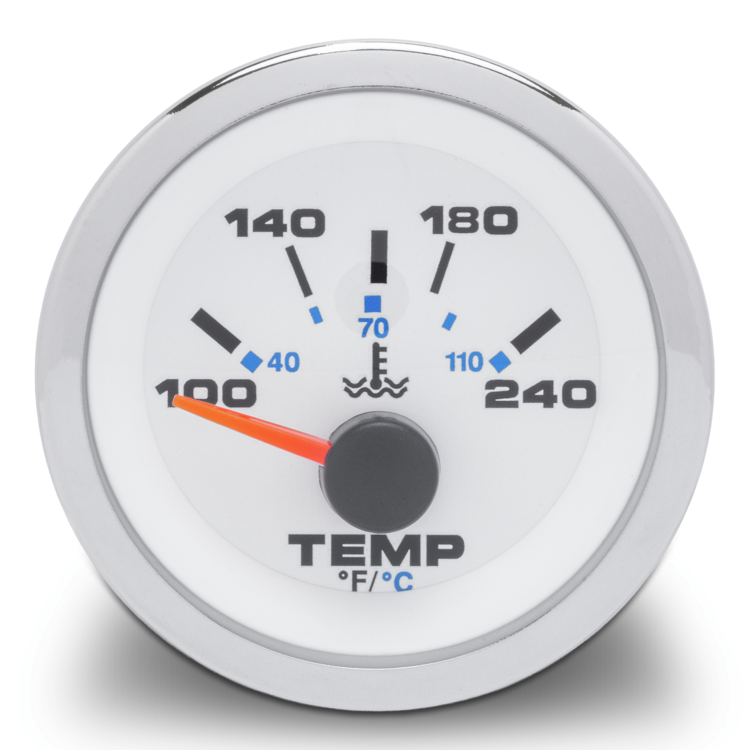 Temperature gauge with white face and silver rim on a white background