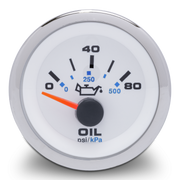 Oil pressure gauge with white face and silver rim on a white background