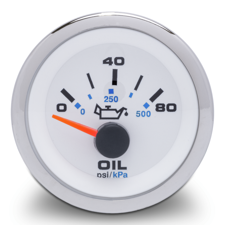 Oil pressure gauge with white face and silver rim on a white background