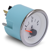 Fuel gauge with blue casing and white face on a white background