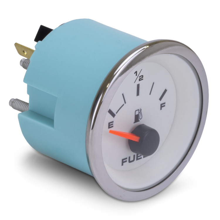 Fuel gauge with blue casing and white face on a white background