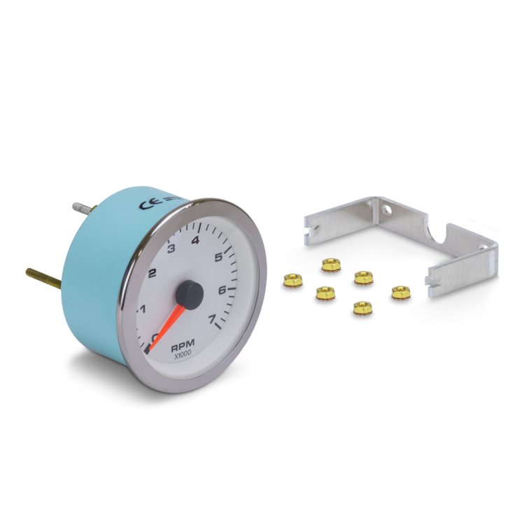 Tachometer gauge with mounting bracket and hardware on a white background