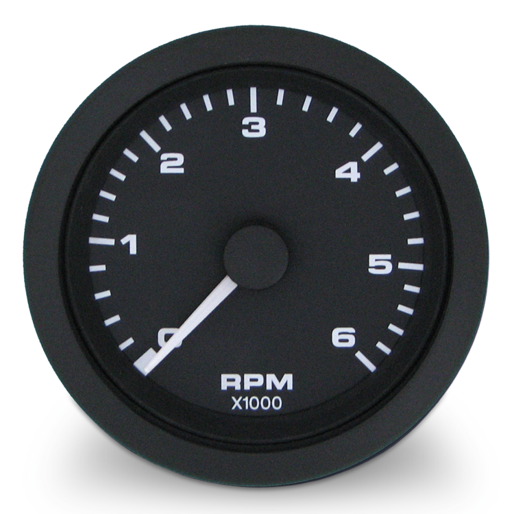 Black tachometer with white markings and 'RPM X1000' text on a white background