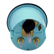 Rear view of blue trim gauge with brass and black parts on a white background