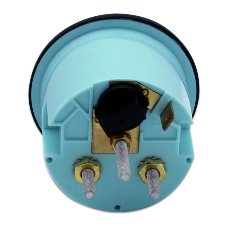 Rear view of blue trim gauge with brass and black parts on a white background