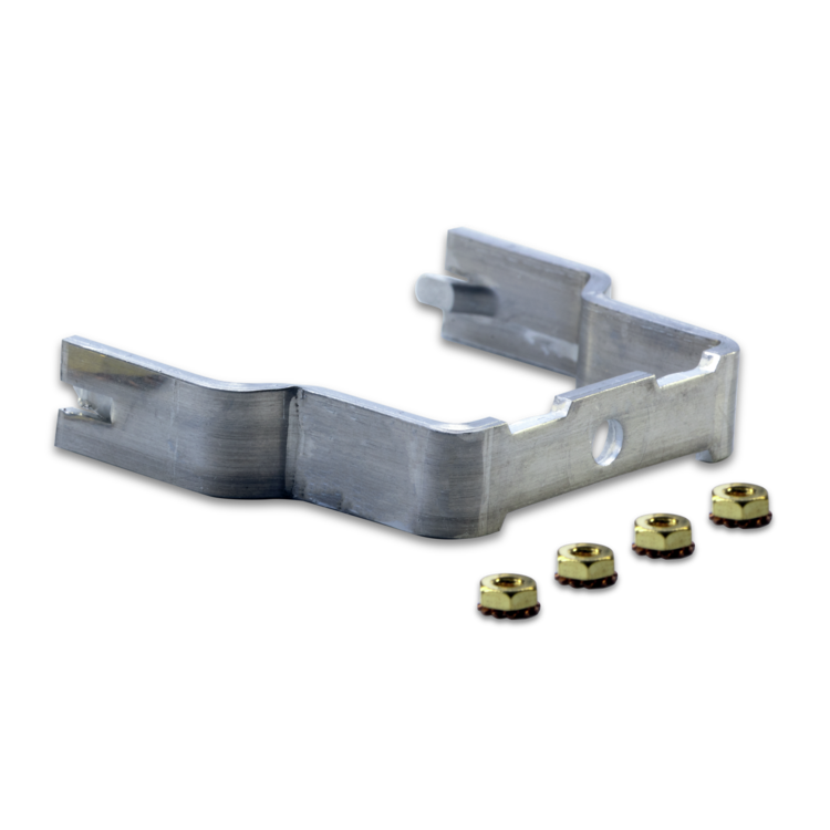 Metal bracket with small gold components on a white background
