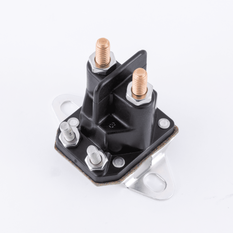 Black electrical component with screws on a white background