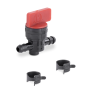 Black and red valve with three black hose clamps on a white background