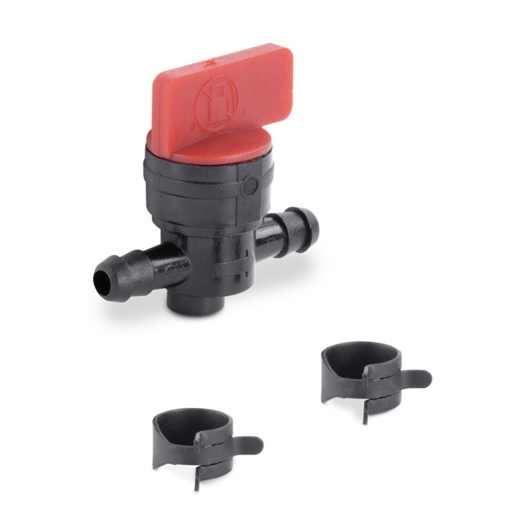 Black and red valve with three black hose clamps on a white background