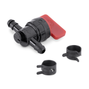 Black and red fuel shut off vale and two black hose clamps on a white background