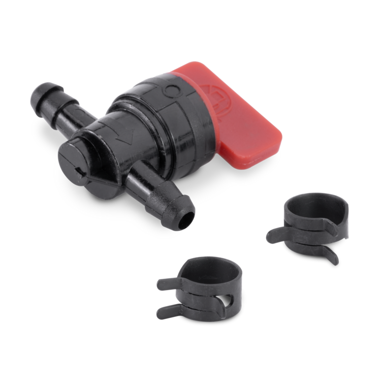 Black and red fuel shut off vale and two black hose clamps on a white background