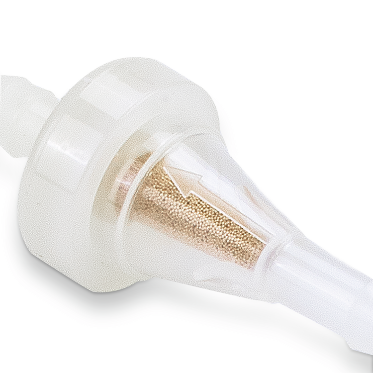Close-up of a clear plastic Prime Line fuel filter on a white background