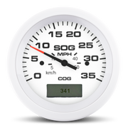 White speedometer gauge with black markings and red needle on a white background