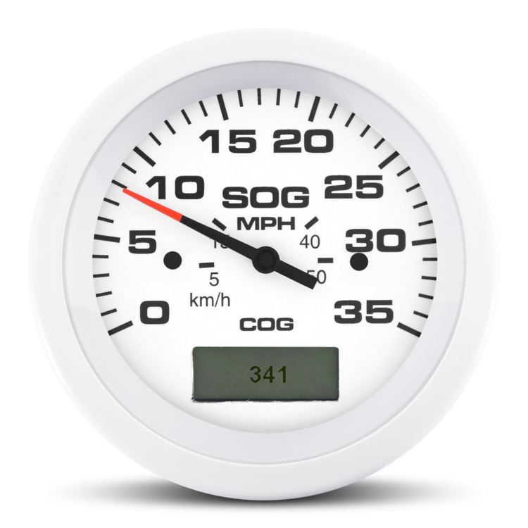 White speedometer gauge with black markings and red needle on a white background