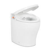 An open white Dometic MasterFlush 8541 macerator toilet on a white background