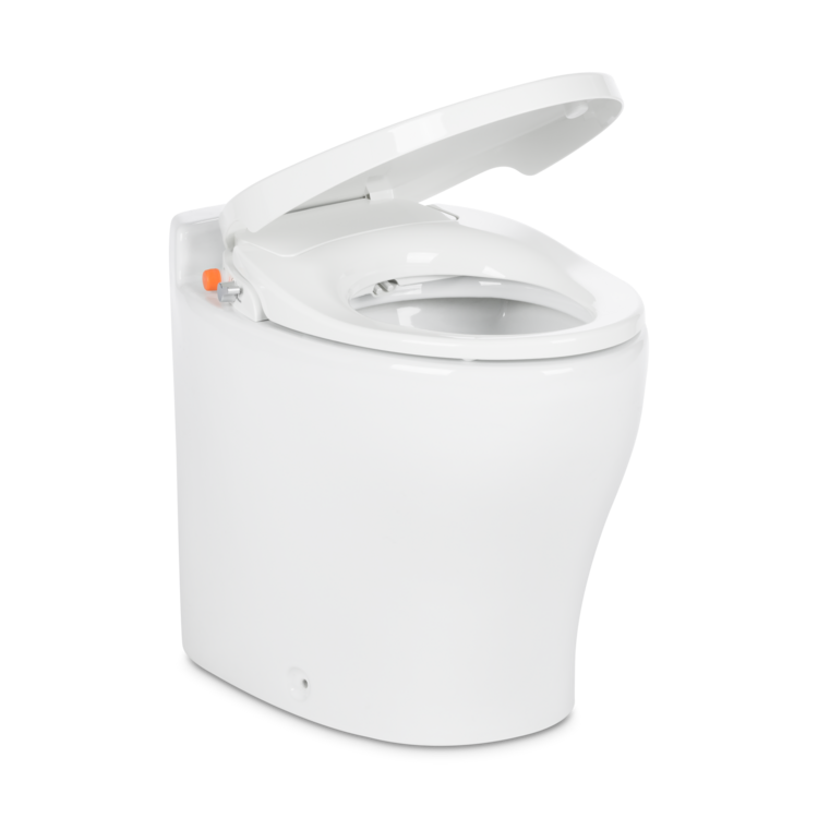 An open white Dometic MasterFlush 8541 macerator toilet on a white background