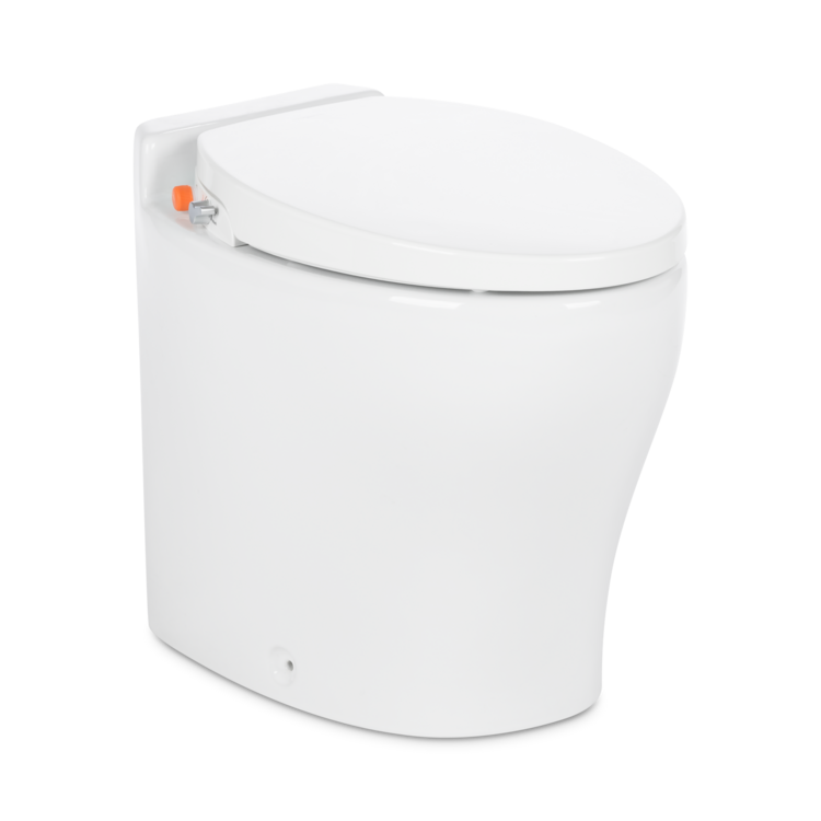 White Dometic macerator toilet with a closed seat on a white background