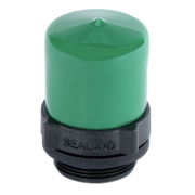 Green and black dometic sanitation pumpout adapter on a white background