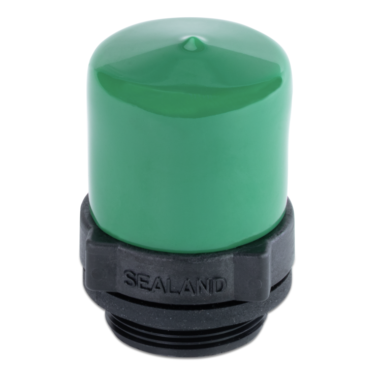 Green and black dometic sanitation pumpout adapter on a white background