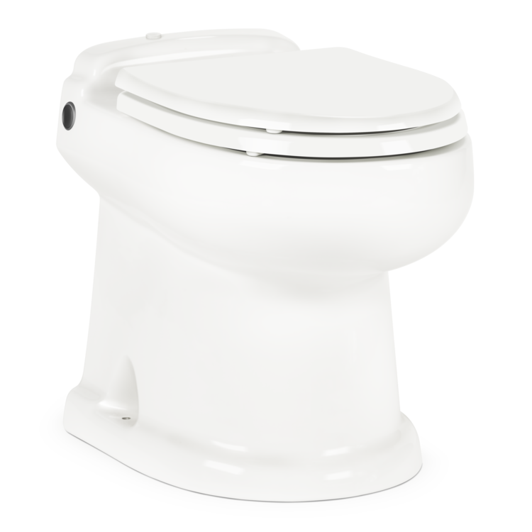 White Dometic macerator toilet with a closed seat on a white background