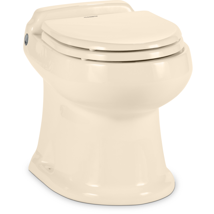 A closed Dometic toilet in bone color on a white background
