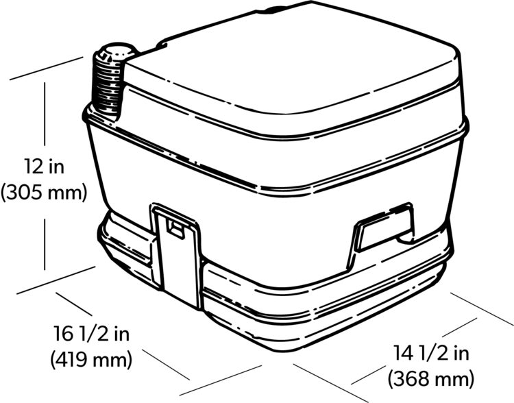 Drawing of a Dometic 962 potable toilet with measurements