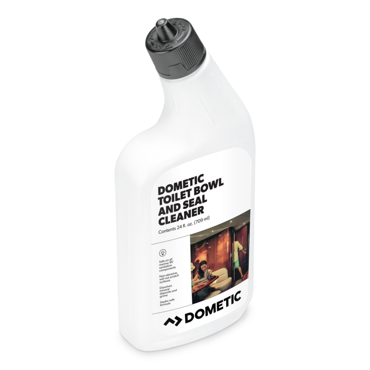 Dometic toilet bowl and seal cleaner bottle on a white background